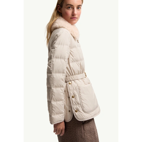 Moncler Cygnes Belted Short Down Jacket in Light Beige, view 6 | Women's Puffer Jackets | Coveti