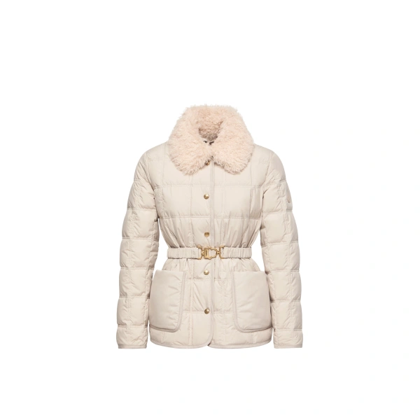 Moncler Cygnes Belted Short Down Jacket in Light Beige | Women's Puffer Jackets | Coveti