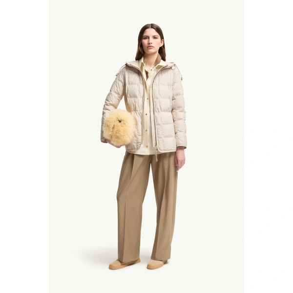 Moncler Cygnet Hooded Short Down Jacket in Light Beige, view 2 | Women's Puffer Jackets | Coveti