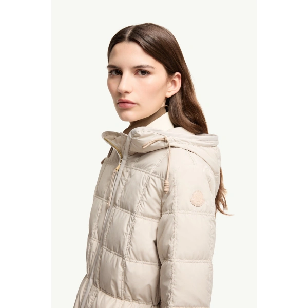 Moncler Cygnet Hooded Short Down Jacket in Light Beige, view 3 | Women's Puffer Jackets | Coveti
