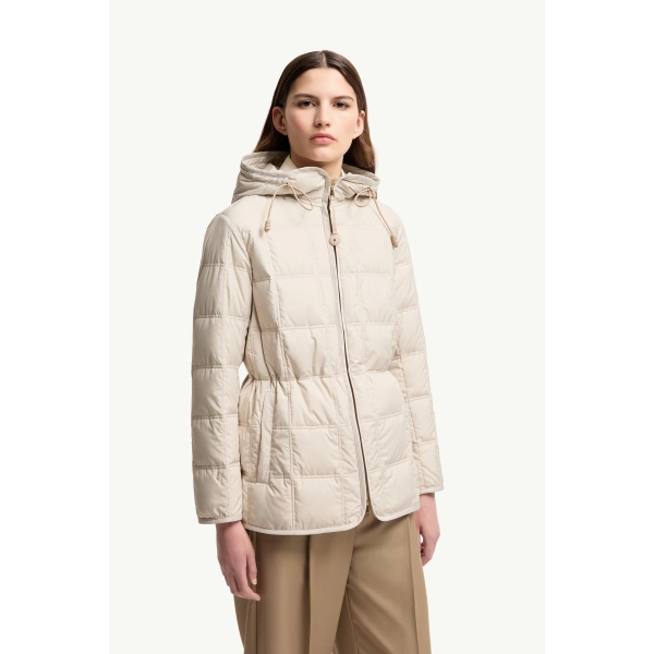 Moncler Cygnet Hooded Short Down Jacket in Light Beige, view 4 | Women's Puffer Jackets | Coveti
