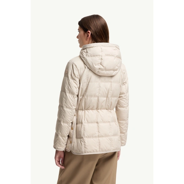 Moncler Cygnet Hooded Short Down Jacket in Light Beige, view 5 | Women's Puffer Jackets | Coveti