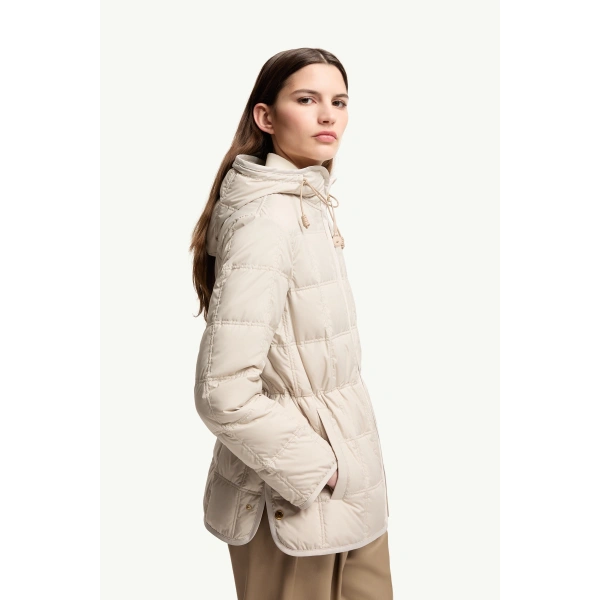 Moncler Cygnet Hooded Short Down Jacket in Light Beige, view 6 | Women's Puffer Jackets | Coveti