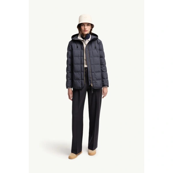 Moncler Cygnet Hooded Short Down Jacket in Navy Blue, view 2 | Women's Puffer Jackets | Coveti