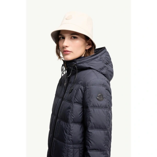 Moncler Cygnet Hooded Short Down Jacket in Navy Blue, view 3 | Women's Puffer Jackets | Coveti