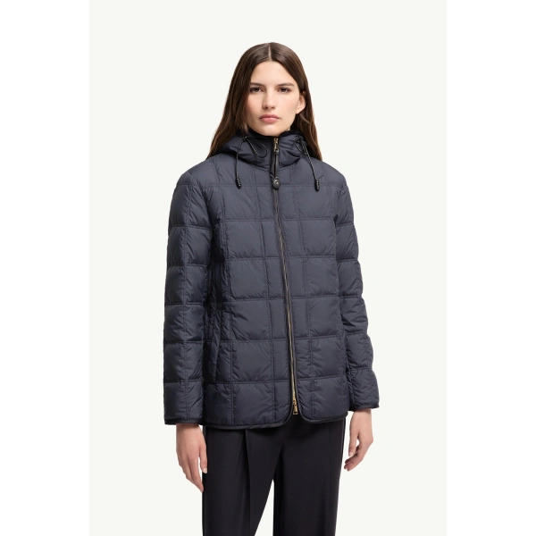 Moncler Cygnet Hooded Short Down Jacket in Navy Blue, view 4 | Women's Puffer Jackets | Coveti