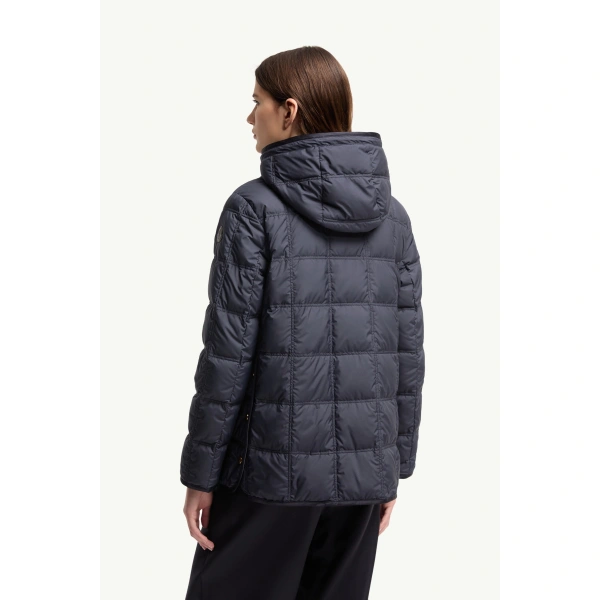 Moncler Cygnet Hooded Short Down Jacket in Navy Blue, view 5 | Women's Puffer Jackets | Coveti