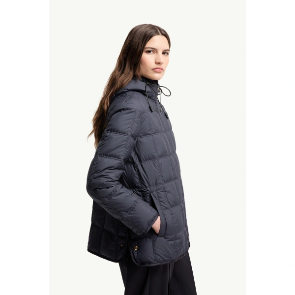Moncler Cygnet Hooded Short Down Jacket in Navy Blue, view 6 | Women's Puffer Jackets | Coveti