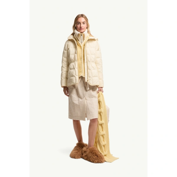 Moncler Cygnet Hooded Short Down Jacket in White Ivory, view 2 | Women's Puffer Jackets | Coveti