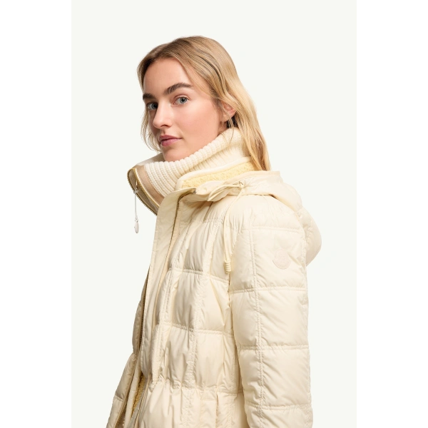 Moncler Cygnet Hooded Short Down Jacket in White Ivory, view 3 | Women's Puffer Jackets | Coveti