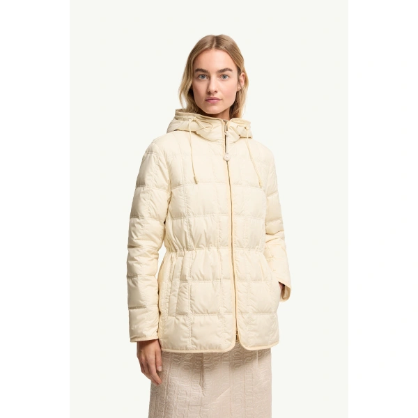 Moncler Cygnet Hooded Short Down Jacket in White Ivory, view 4 | Women's Puffer Jackets | Coveti