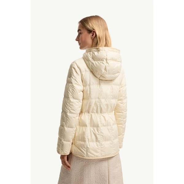 Moncler Cygnet Hooded Short Down Jacket in White Ivory, view 5 | Women's Puffer Jackets | Coveti