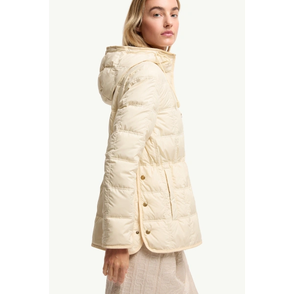 Moncler Cygnet Hooded Short Down Jacket in White Ivory, view 6 | Women's Puffer Jackets | Coveti