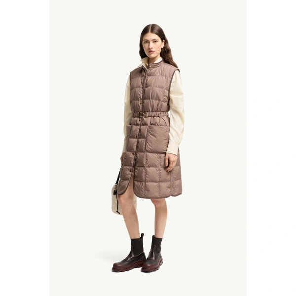 Moncler Cygnette Square Quilted Long Down Gilet in Brown, view 2 | Women's Vests and Gilets | Coveti