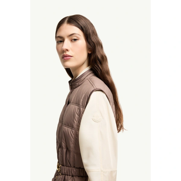 Moncler Cygnette Square Quilted Long Down Gilet in Brown, view 3 | Women's Vests and Gilets | Coveti