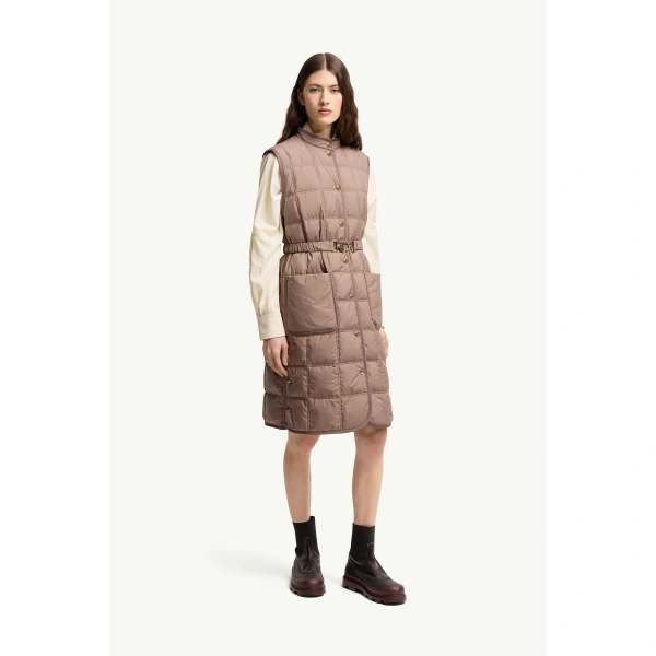 Moncler Cygnette Square Quilted Long Down Gilet in Brown, view 4 | Women's Vests and Gilets | Coveti