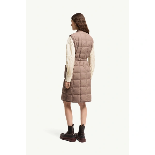 Moncler Cygnette Square Quilted Long Down Gilet in Brown, view 5 | Women's Vests and Gilets | Coveti