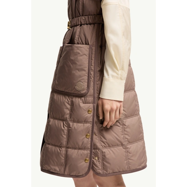 Moncler Cygnette Square Quilted Long Down Gilet in Brown, view 6 | Women's Vests and Gilets | Coveti