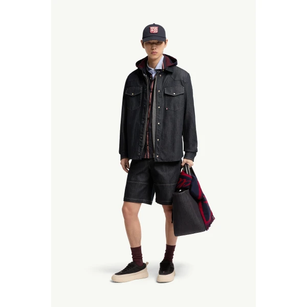 Moncler Denim Long Sleeve Shirt Jacket in Denim Blue, view 2 | Men's Jackets | Coveti