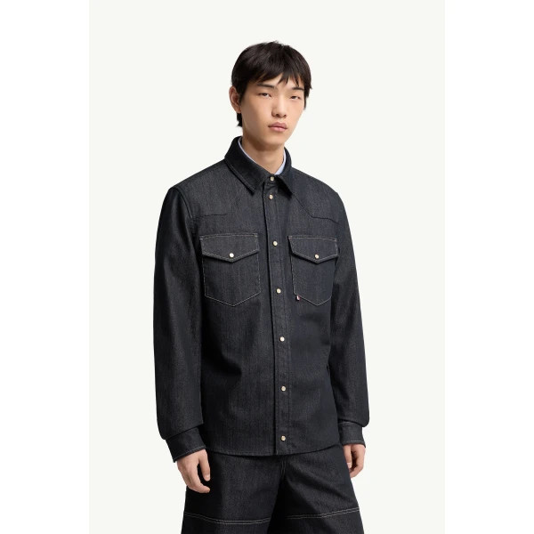 Moncler Denim Long Sleeve Shirt Jacket in Denim Blue, view 4 | Men's Jackets | Coveti