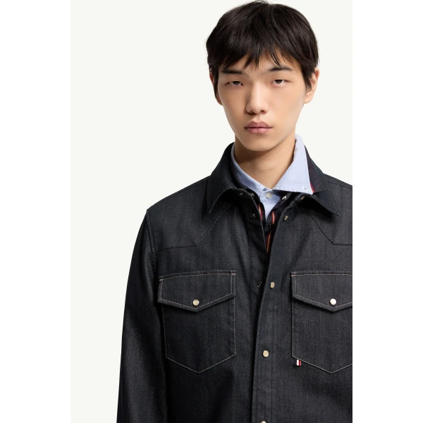 Moncler Denim Long Sleeve Shirt Jacket in Denim Blue, view 6 | Men's Jackets | Coveti