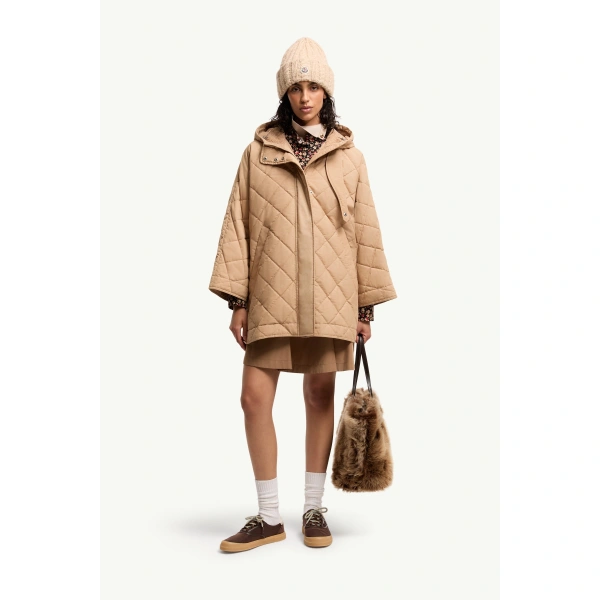 Moncler Diamond-Quilted Hooded Cape in Beige, view 2 | Women's Cape Coats | Coveti