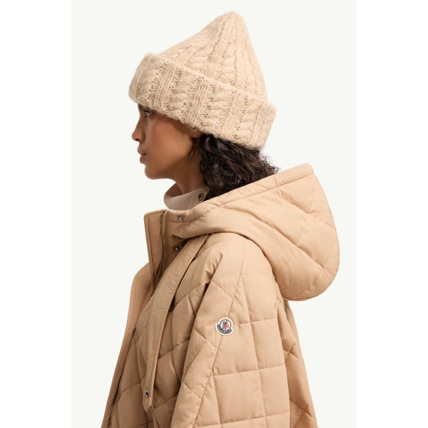 Moncler Diamond-Quilted Hooded Cape in Beige, view 3 | Women's Cape Coats | Coveti