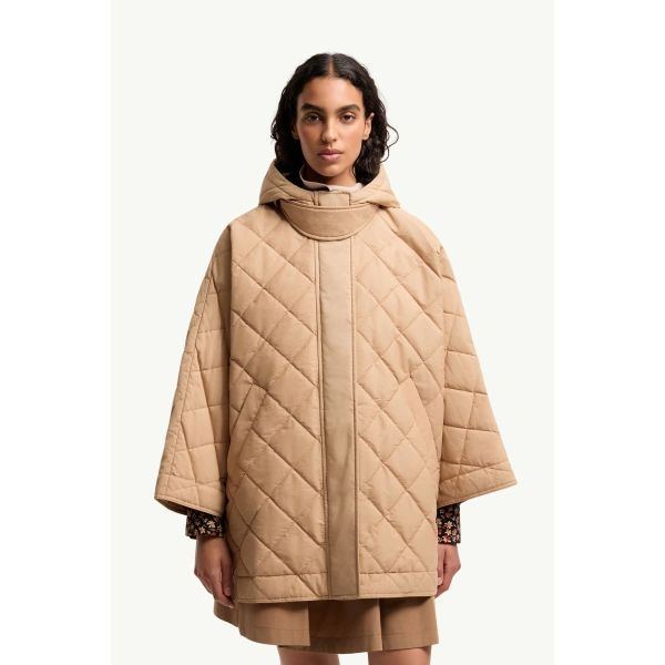 Moncler Diamond-Quilted Hooded Cape in Beige, view 4 | Women's Cape Coats | Coveti