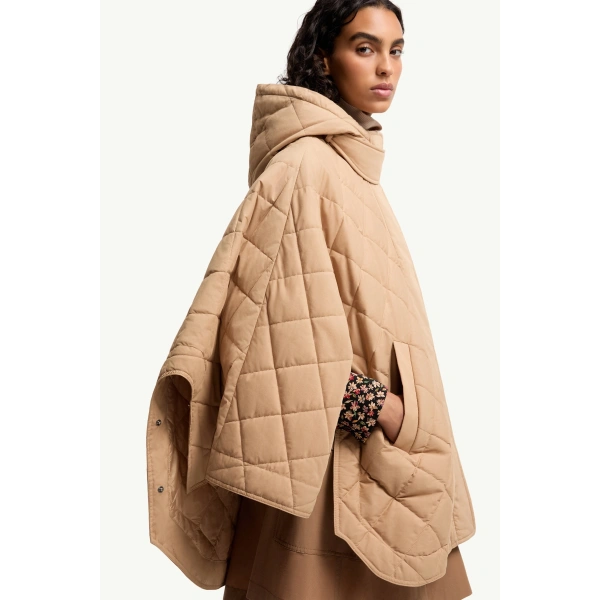 Moncler Diamond-Quilted Hooded Cape in Beige, view 6 | Women's Cape Coats | Coveti