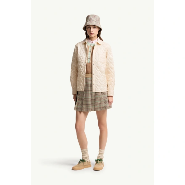 Moncler Diamond-Quilted Padded Shirt Jacket in White Ivory, view 2 | Women's Puffer Jackets | Coveti