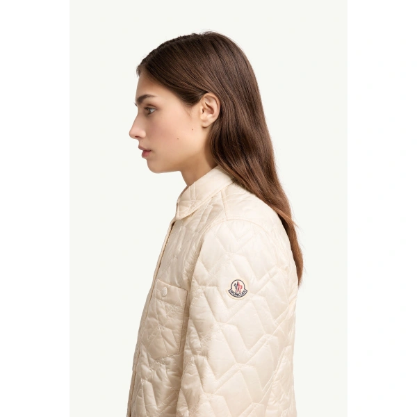 Moncler Diamond-Quilted Padded Shirt Jacket in White Ivory, view 3 | Women's Puffer Jackets | Coveti