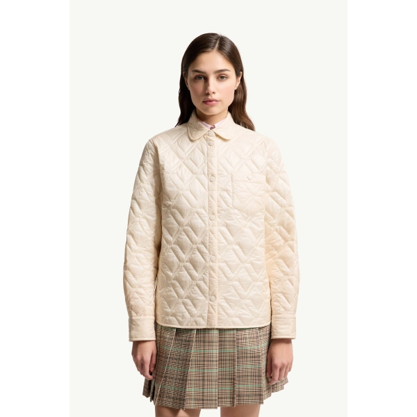 Moncler Diamond-Quilted Padded Shirt Jacket in White Ivory, view 4 | Women's Puffer Jackets | Coveti