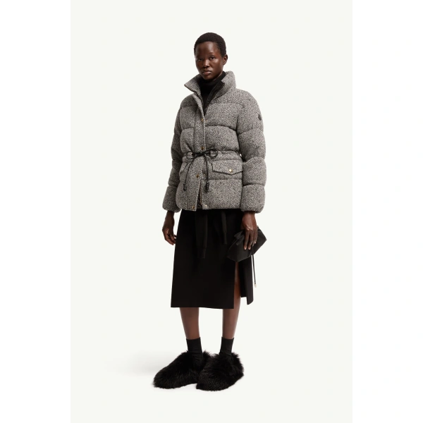 Moncler Diaphanes Hooded Short Down Jacket in Gray, view 2 | Women's Puffer Jackets | Coveti