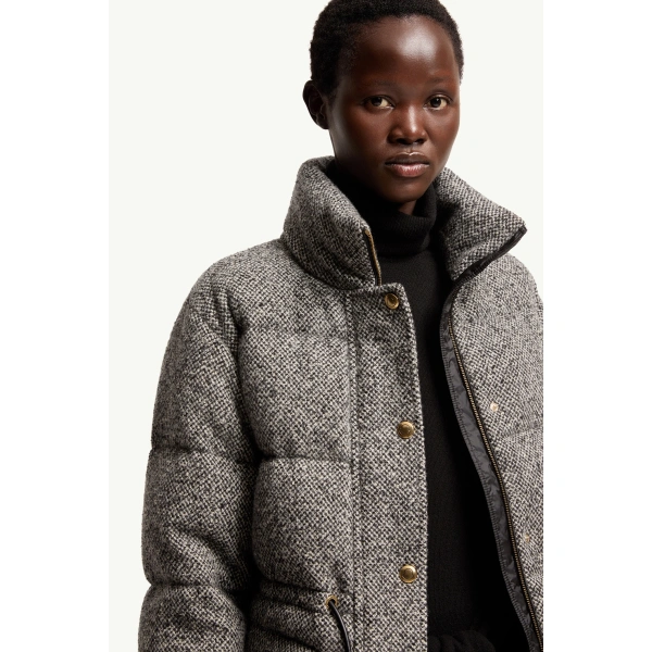 Moncler Diaphanes Hooded Short Down Jacket in Gray, view 6 | Women's Puffer Jackets | Coveti