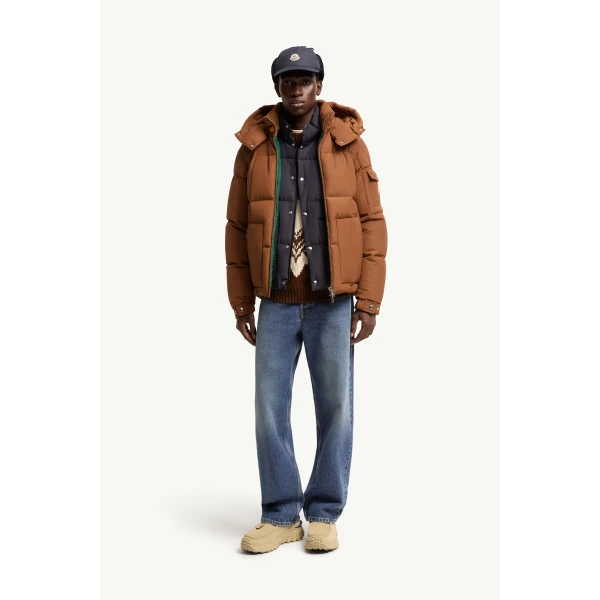 Moncler Dravenis Hooded Short Down Jacket in Light Brown, view 2 | Men's Jackets | Coveti