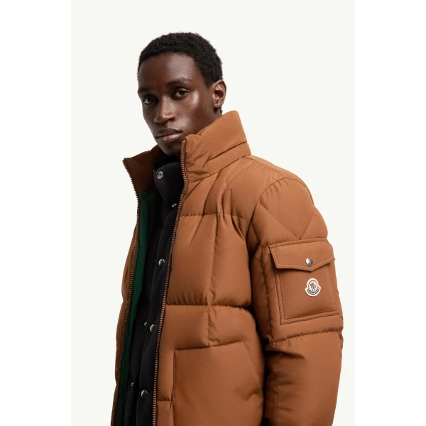 Moncler Dravenis Hooded Short Down Jacket in Light Brown, view 3 | Men's Jackets | Coveti