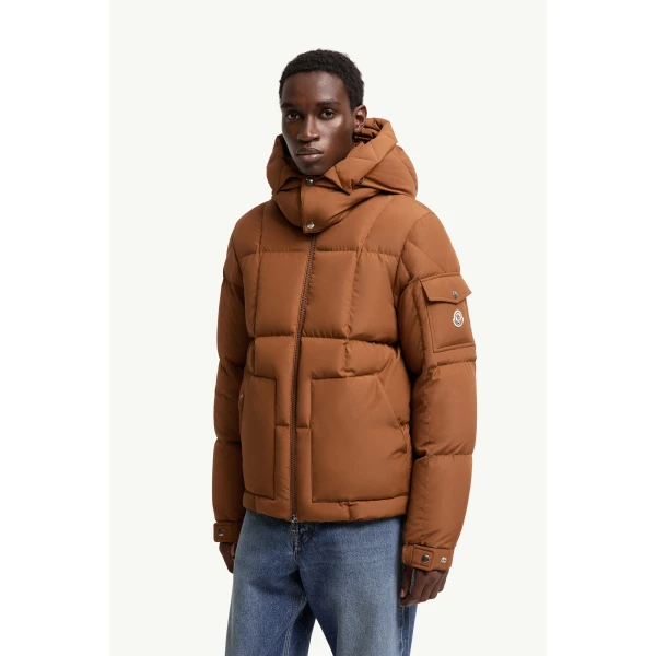 Moncler Dravenis Hooded Short Down Jacket in Light Brown, view 4 | Men's Jackets | Coveti