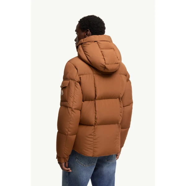 Moncler Dravenis Hooded Short Down Jacket in Light Brown, view 5 | Men's Jackets | Coveti