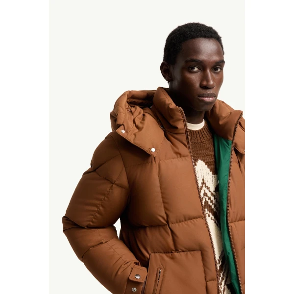 Moncler Dravenis Hooded Short Down Jacket in Light Brown, view 6 | Men's Jackets | Coveti