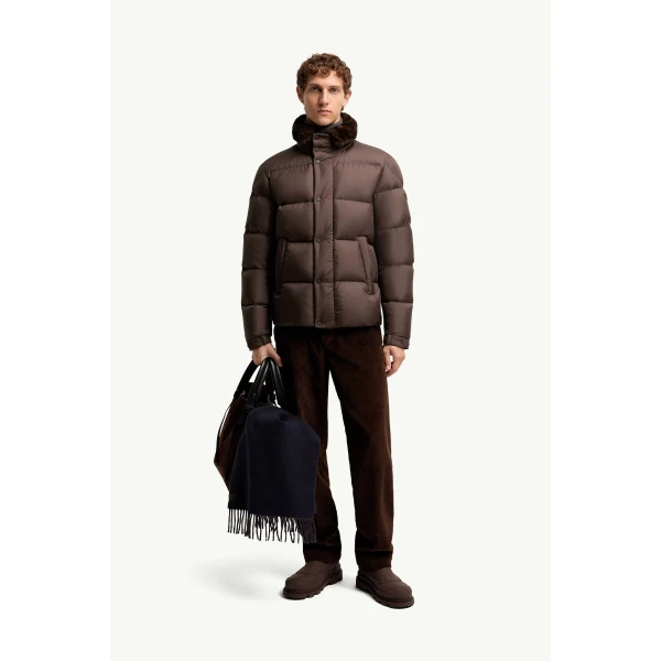 Moncler Drisfall Short Down Jacket in Brown, view 2 | Men's Jackets | Coveti
