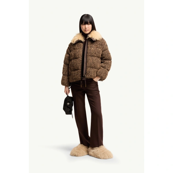 Moncler Dynamique Boucle Short Down Jacket in Brown, view 2 | Women's Tweed Jackets | Coveti