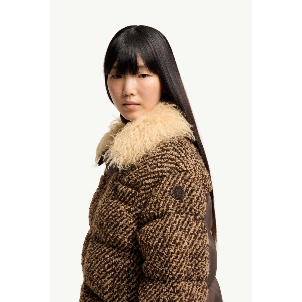 Moncler Dynamique Boucle Short Down Jacket in Brown, view 3 | Women's Tweed Jackets | Coveti
