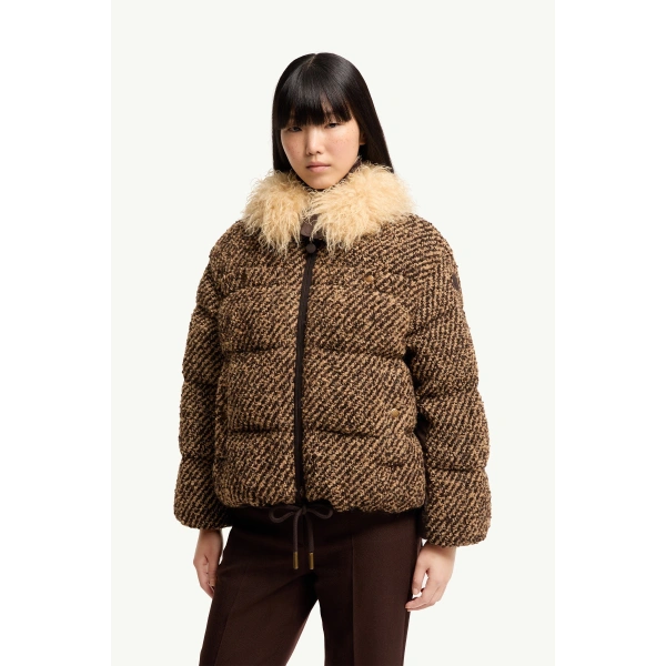 Moncler Dynamique Boucle Short Down Jacket in Brown, view 4 | Women's Tweed Jackets | Coveti