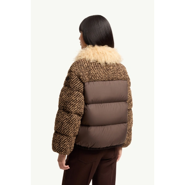 Moncler Dynamique Boucle Short Down Jacket in Brown, view 5 | Women's Tweed Jackets | Coveti