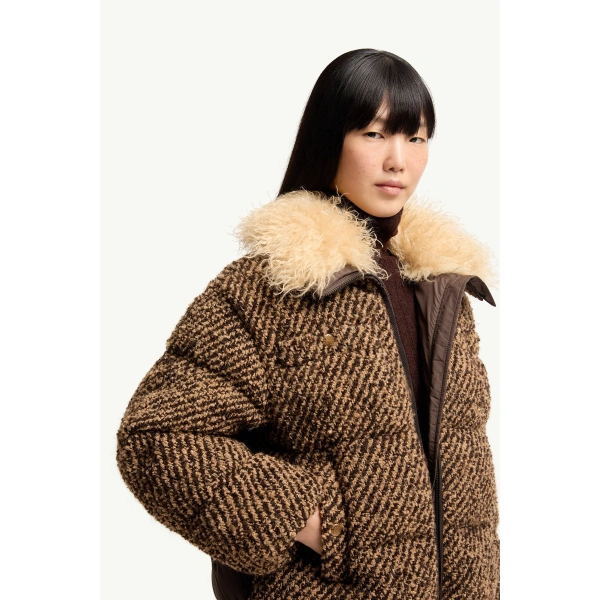 Moncler Dynamique Boucle Short Down Jacket in Brown, view 6 | Women's Tweed Jackets | Coveti