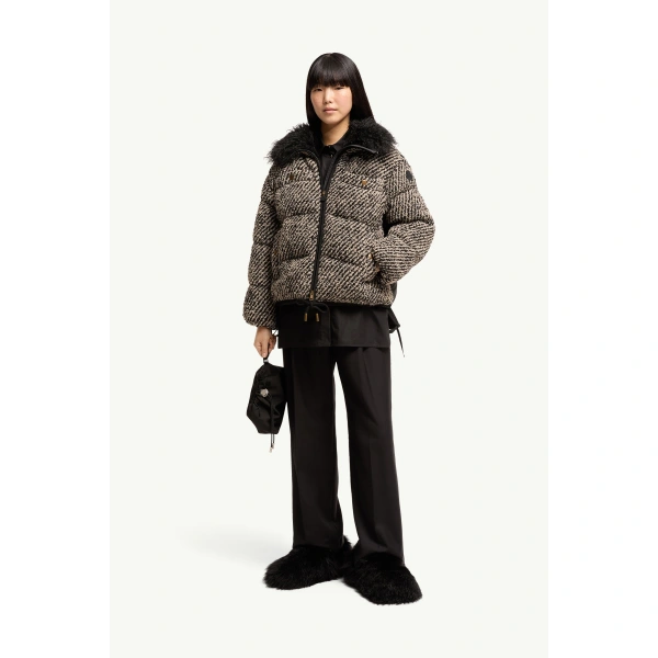 Moncler Dynamique Boucle Short Down Jacket in Dark Gray, view 2 | Women's Tweed Jackets | Coveti