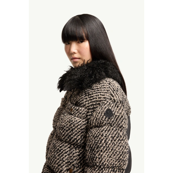 Moncler Dynamique Boucle Short Down Jacket in Dark Gray, view 3 | Women's Tweed Jackets | Coveti