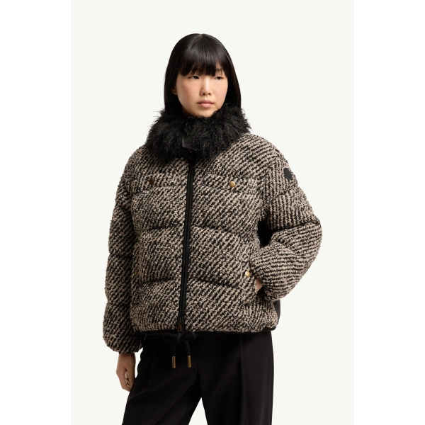 Moncler Dynamique Boucle Short Down Jacket in Dark Gray, view 4 | Women's Tweed Jackets | Coveti