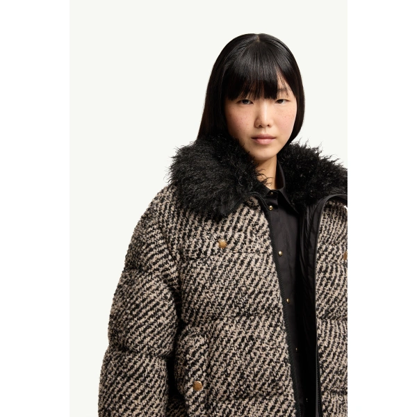 Moncler Dynamique Boucle Short Down Jacket in Dark Gray, view 6 | Women's Tweed Jackets | Coveti