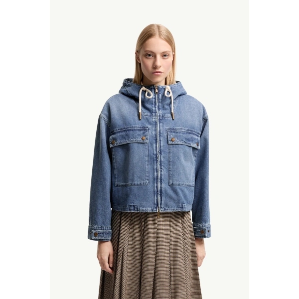 Moncler Ecrevisse 3-in-1 Denim Down Jacket in Light Blue, view 4 | Women's Denim Jackets | Coveti